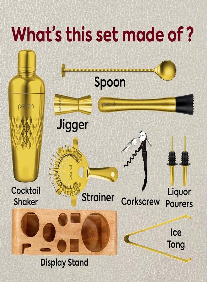 Perch O Holic Cocktail Shaker Gift Set | 10-Piece Stainless Steel Bartender Kit with Mango Wooden Stand| Accessories for Home Bar|Gift Box for Winters, Birthday, Wedding, Anniversary, Christmas|Golden - Image 2